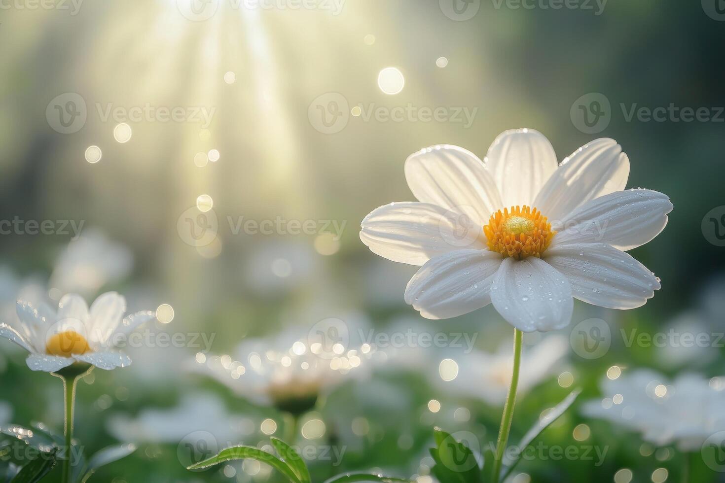 A delicate white daisy glistens in the morning light, surrounded by a field of blooming flowers and soft, ethereal bokeh. photo