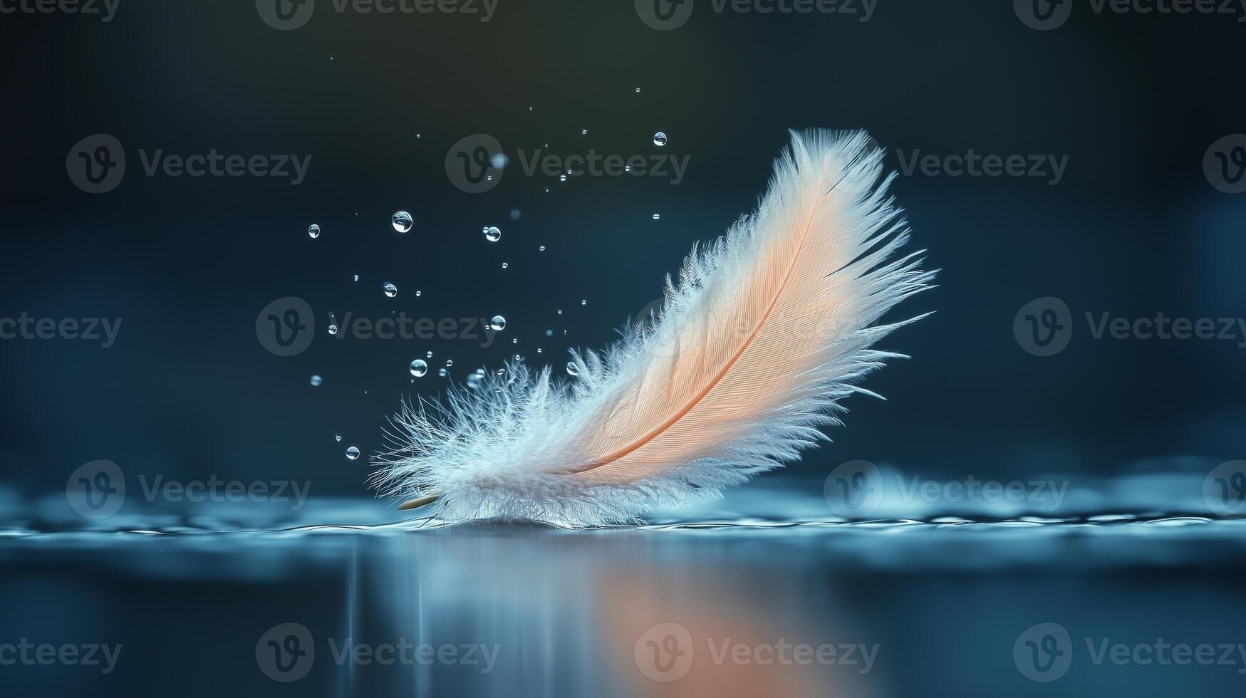 Delicate white feather gracefully floating on water with droplets, creating a serene and tranquil atmosphere. photo