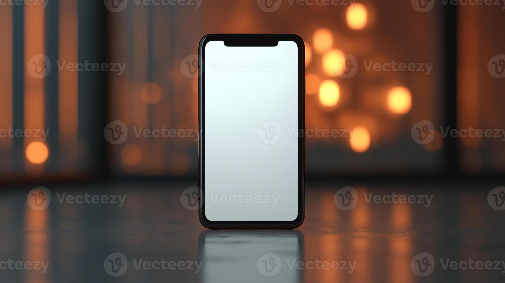 A sleek modern smartphone stands alone against a warm, bokeh-lit backdrop, highlighting its minimalist design. photo