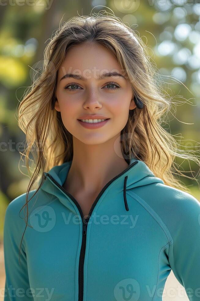 Smiling young woman in a turquoise hoodie, enjoying the outdoors with wireless earbuds in a bright, sunlit park. photo