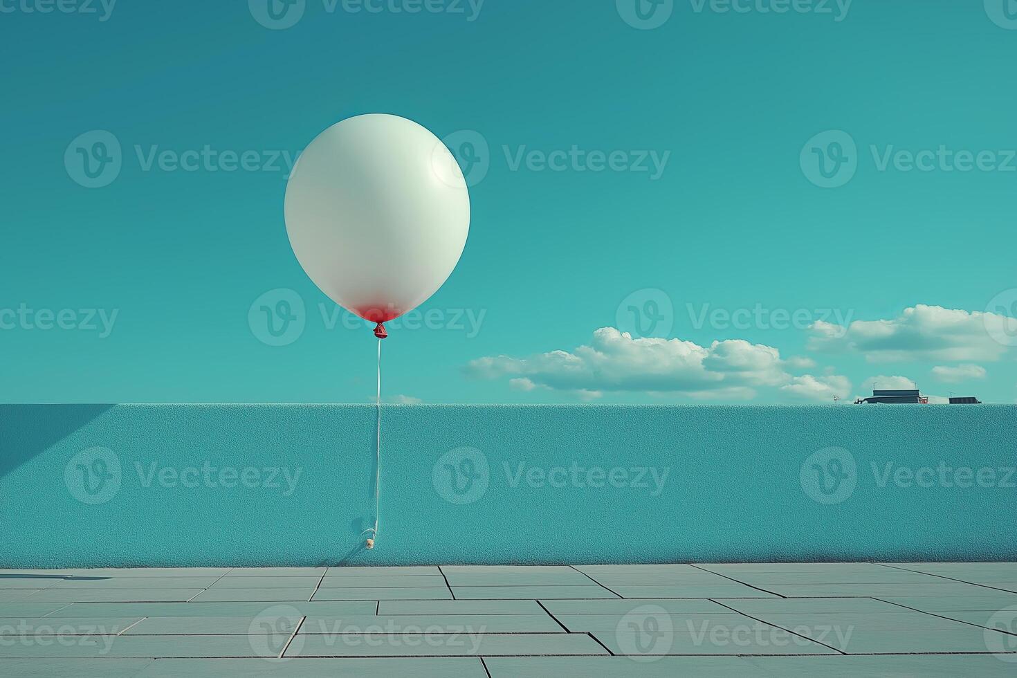 A solitary white balloon gently sways against a turquoise sky, creating a whimsical contrast with the modern architecture below. photo