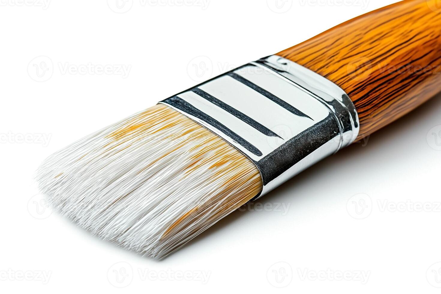 A close-up of a high-quality paintbrush featuring a wooden handle and soft bristles, ideal for artistic painting. photo