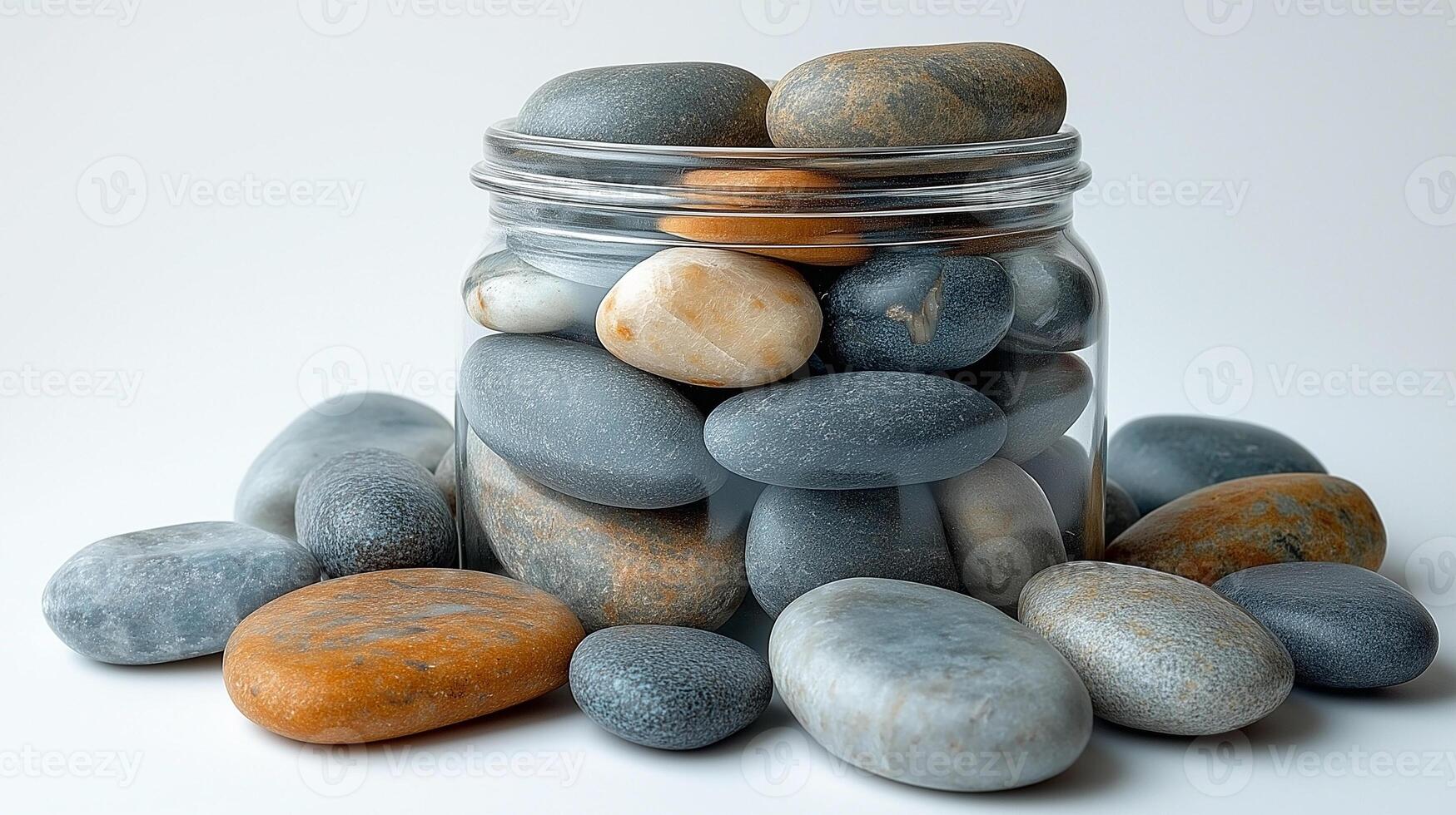 A clear glass jar filled with smooth, colorful pebbles, surrounded by more pebbles on a light background. photo