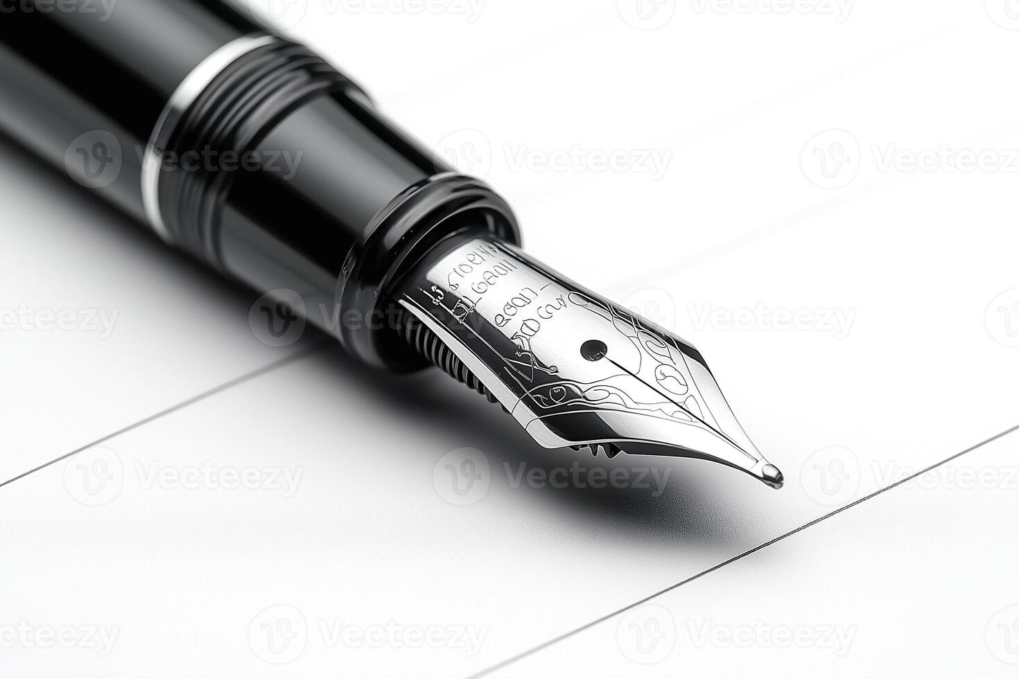 A close-up of a sleek black fountain pen with an ornate silver nib, resting on a white lined paper. photo