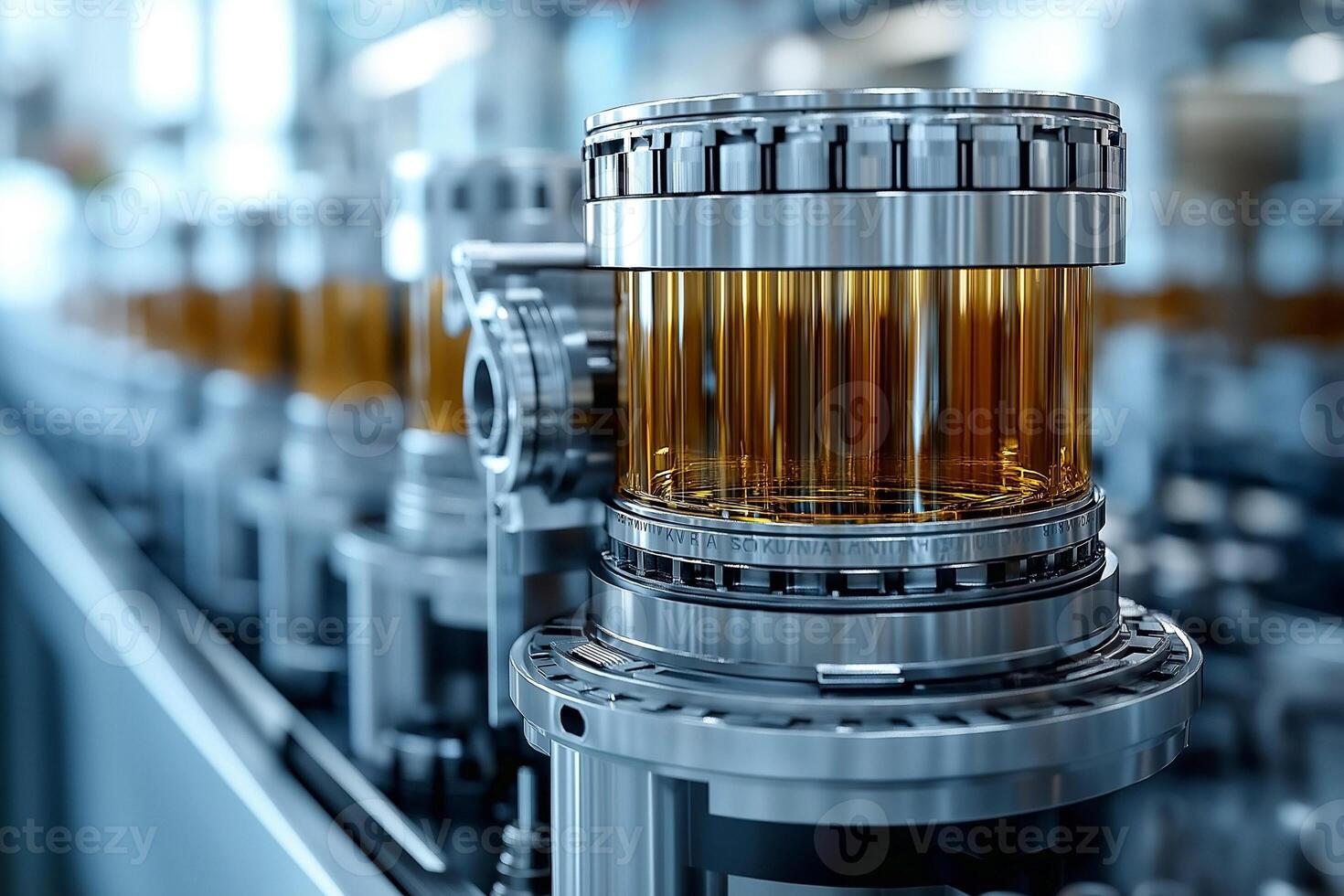 Close-up of a modern industrial machine processing amber liquid in glass containers. photo