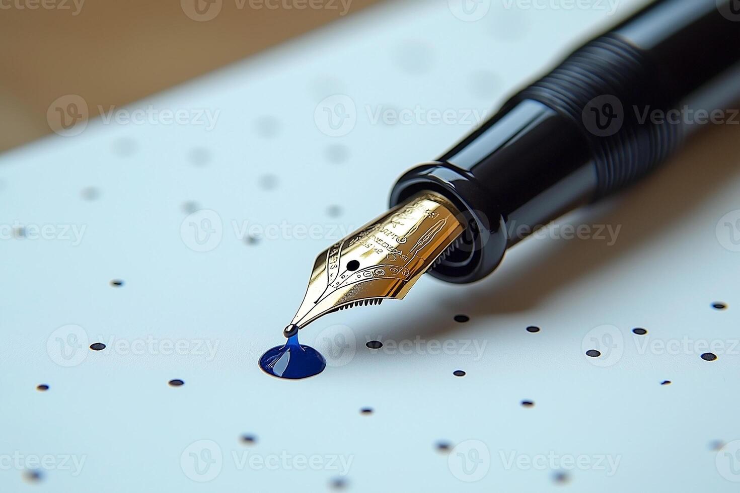 A close-up of a black fountain pen poised over blue ink drops on textured white paper, symbolizing creativity and elegance. photo