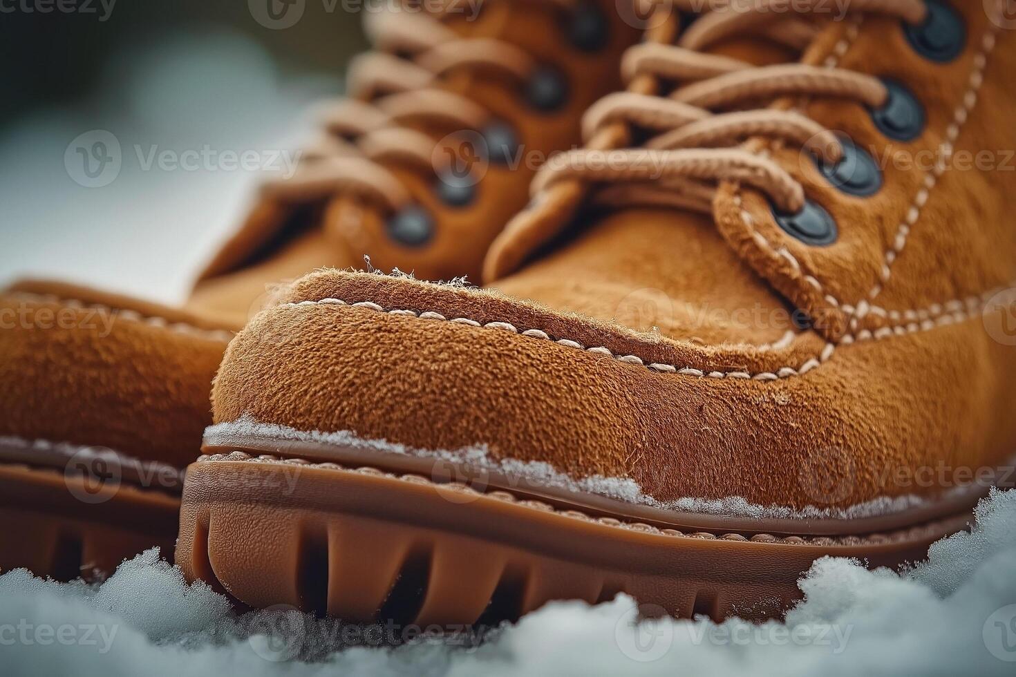 Close-up of stylish brown suede winter boots resting on fresh snow, showcasing their rugged detail and texture. photo