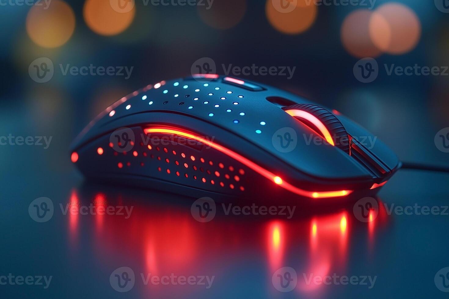 Close-up of a sleek gaming mouse with colorful LED lights, showcasing modern design and technology. photo