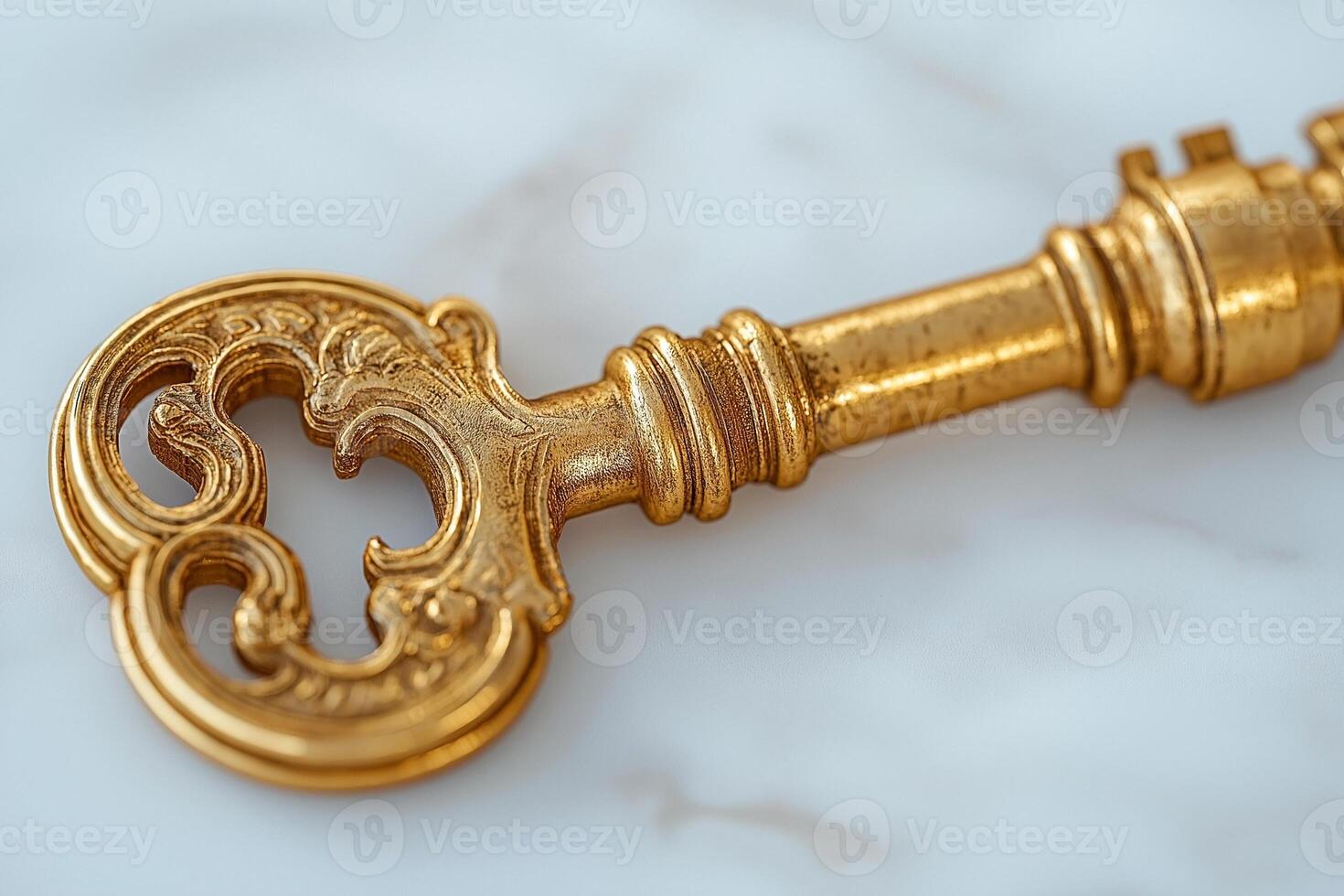 An ornate golden key resting on a marble surface, reflecting elegance and vintage charm. photo
