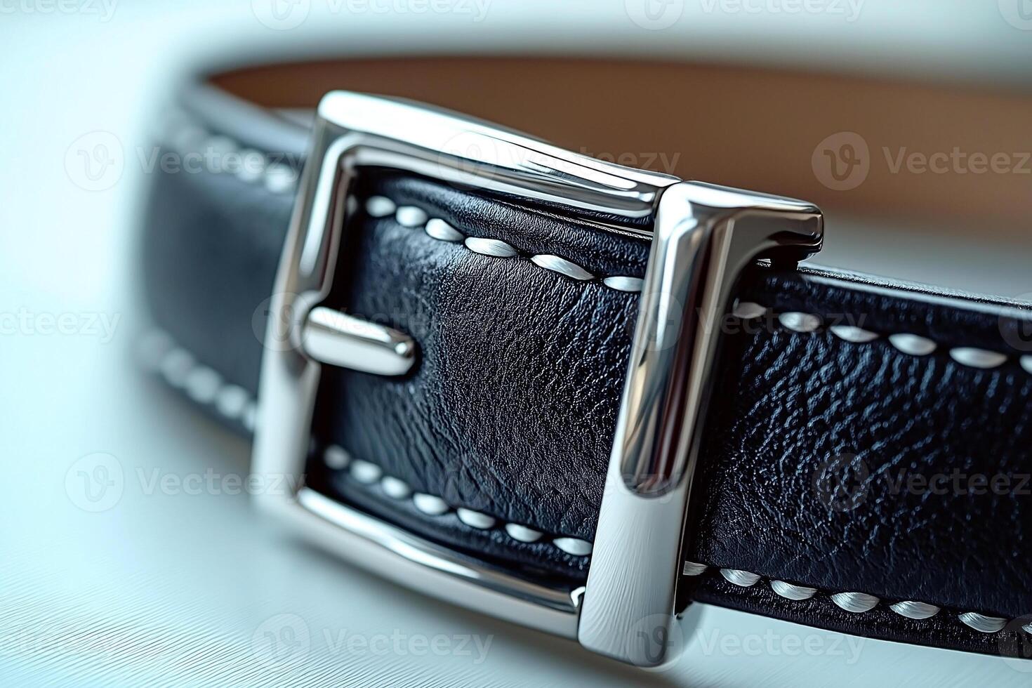 Close-up of a stylish black leather belt with a shiny silver buckle, featuring white stitching for added detail. photo