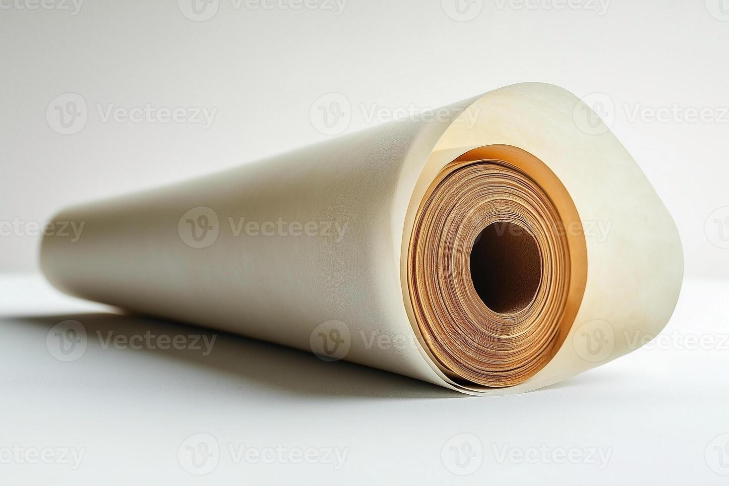 Close-up of a rolled sheet of parchment paper, showcasing its smooth texture and warm tones against a minimalist background. photo