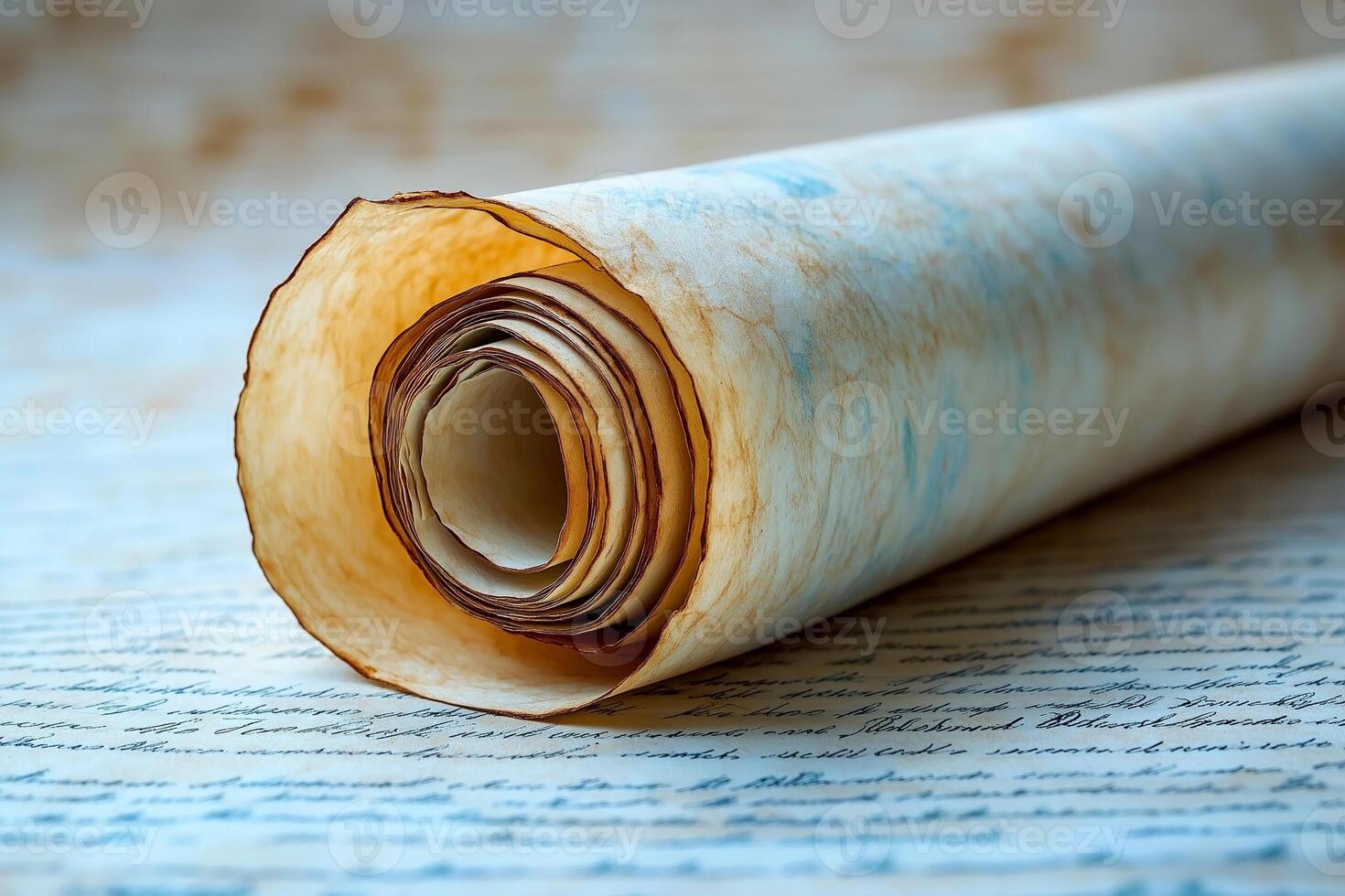 A close-up of a warm-toned, rolled-up parchment revealing intricate textures and aged details, evoking a sense of history. photo