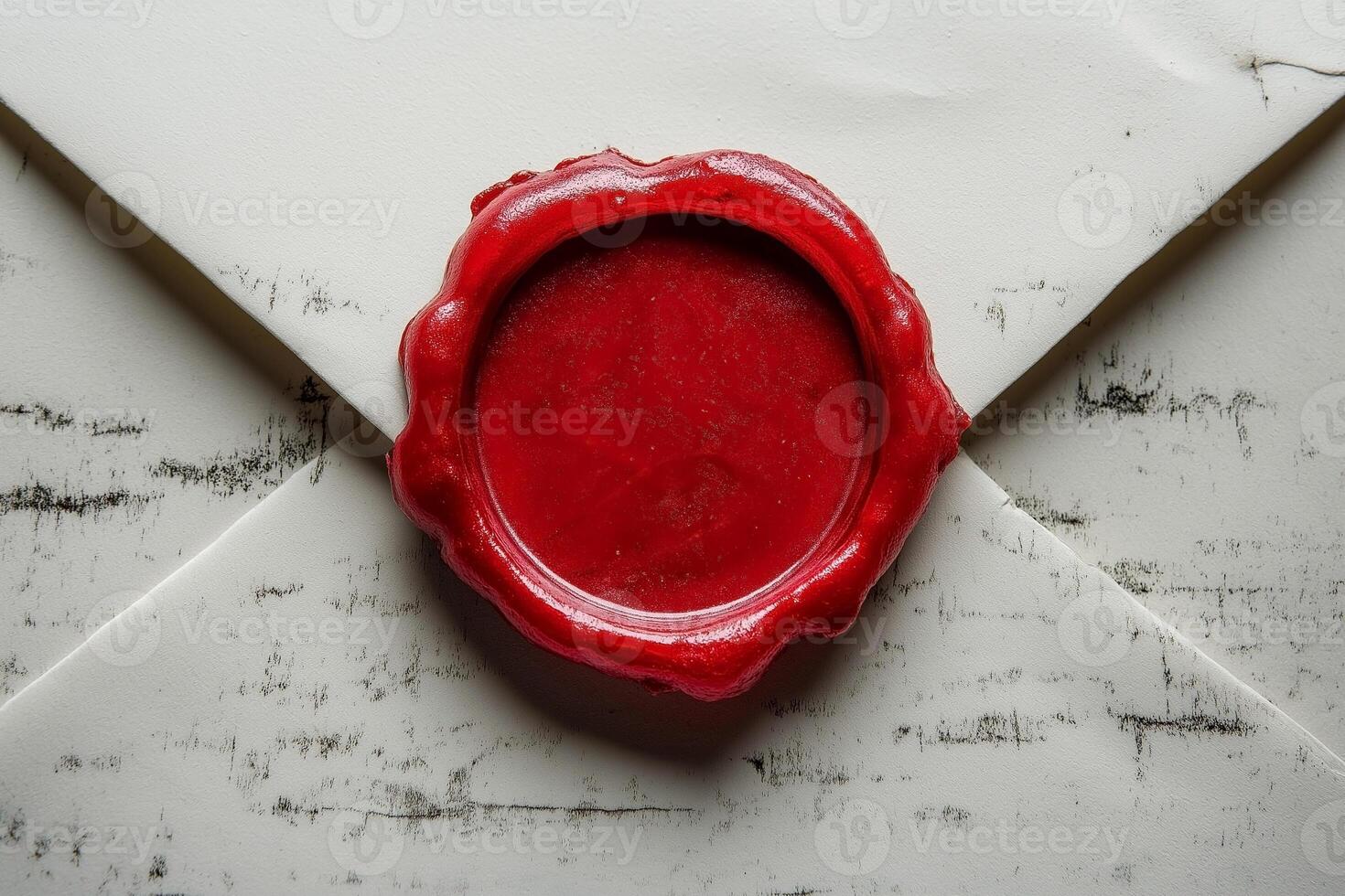 A vintage red wax seal atop a white envelope, evoking a sense of nostalgia and elegance. photo