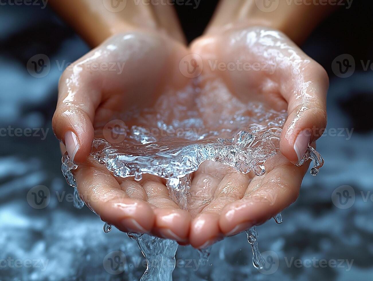 A close-up of a pair of hands, gently catching shimmering water droplets, showcasing the beauty of nature. photo