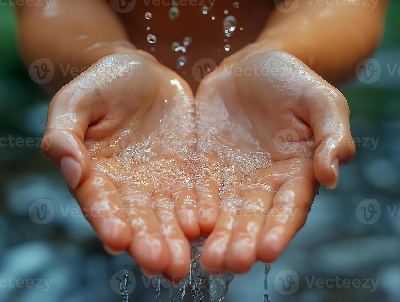 A woman's hands gently catch glistening water droplets, symbolizing purity and the beauty of nature. photo