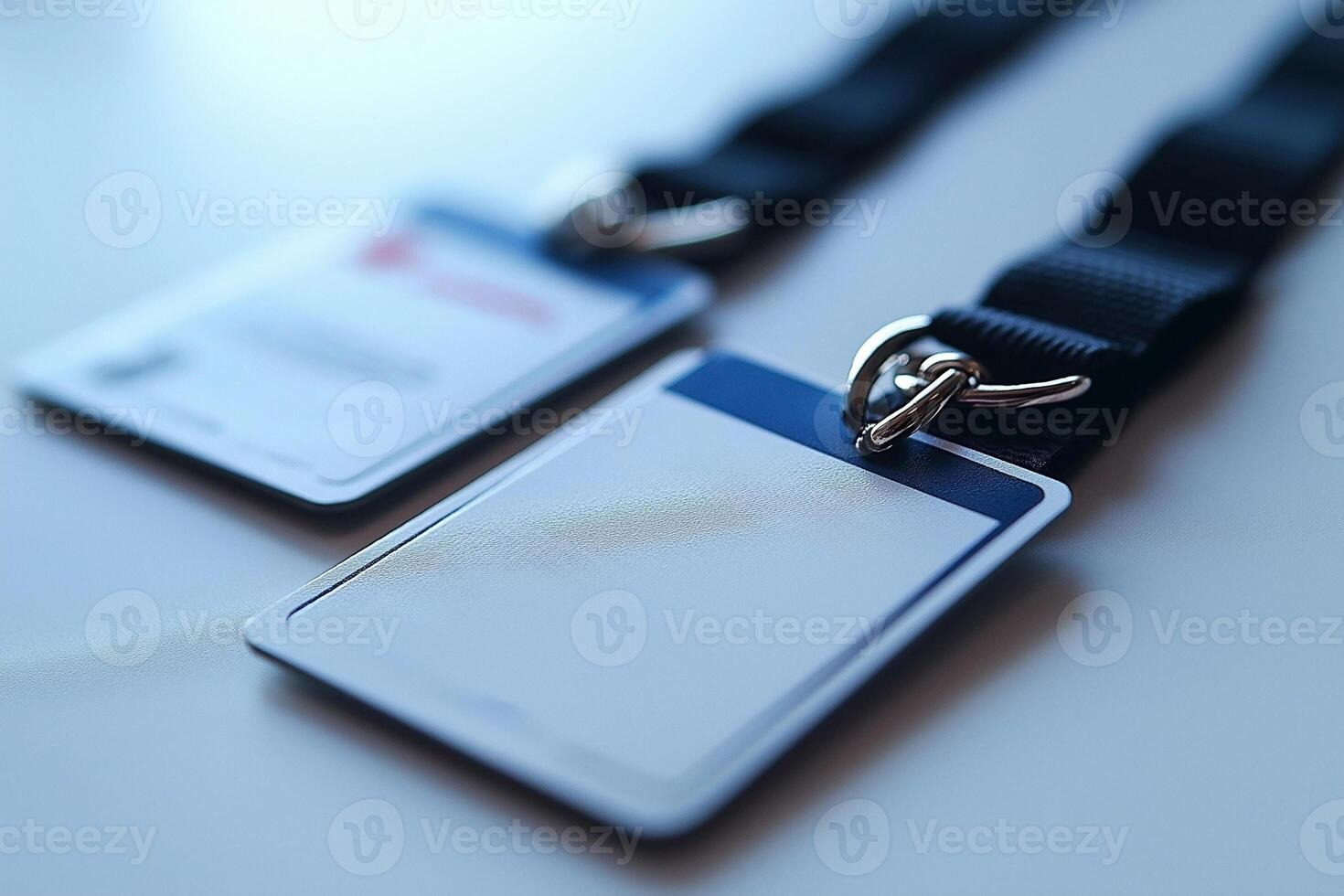 Two blank identification badges with black lanyards, laid flat against a light background, ready for personal details. photo