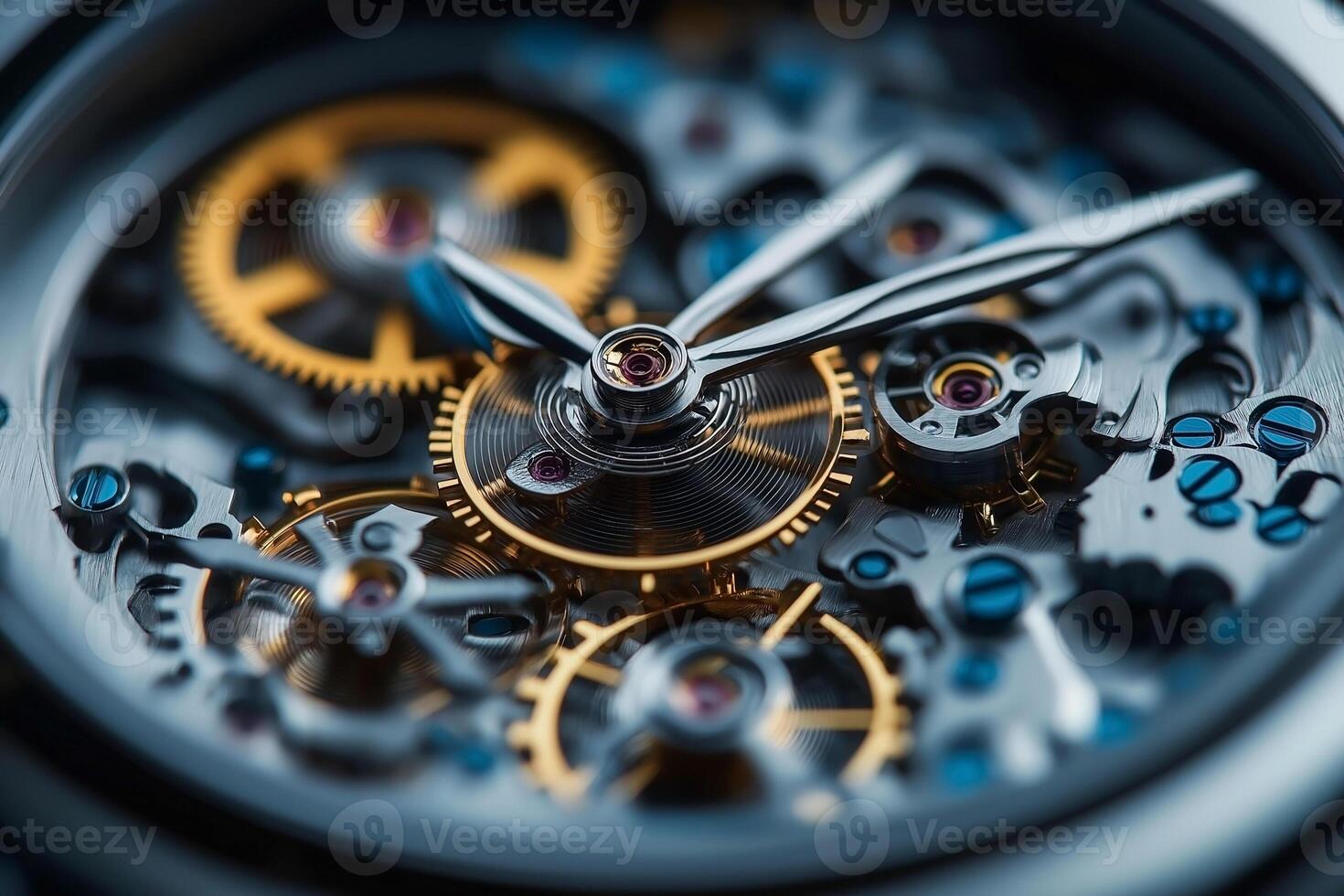 Close-up of an intricate mechanical watch showcasing a blend of silver and gold gears. photo