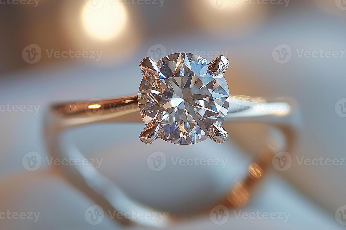 Stunning close-up of a solitaire diamond engagement ring, featuring a brilliant cut diamond on a delicate band. photo
