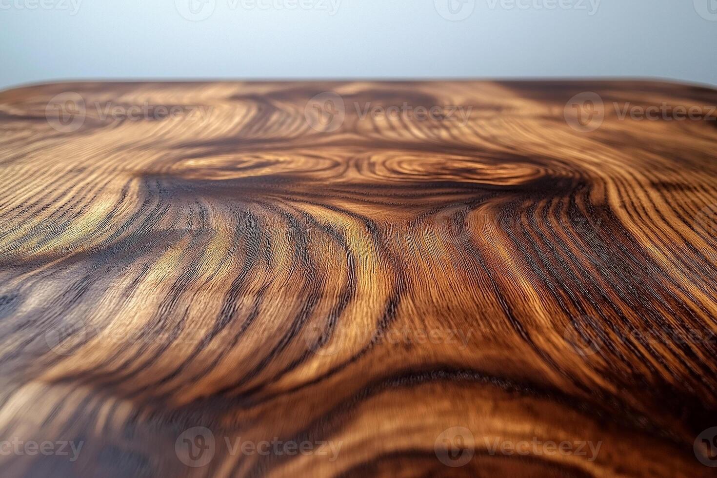 Close-up of a beautifully polished wooden surface showcasing intricate grain patterns and a warm, rich color. photo