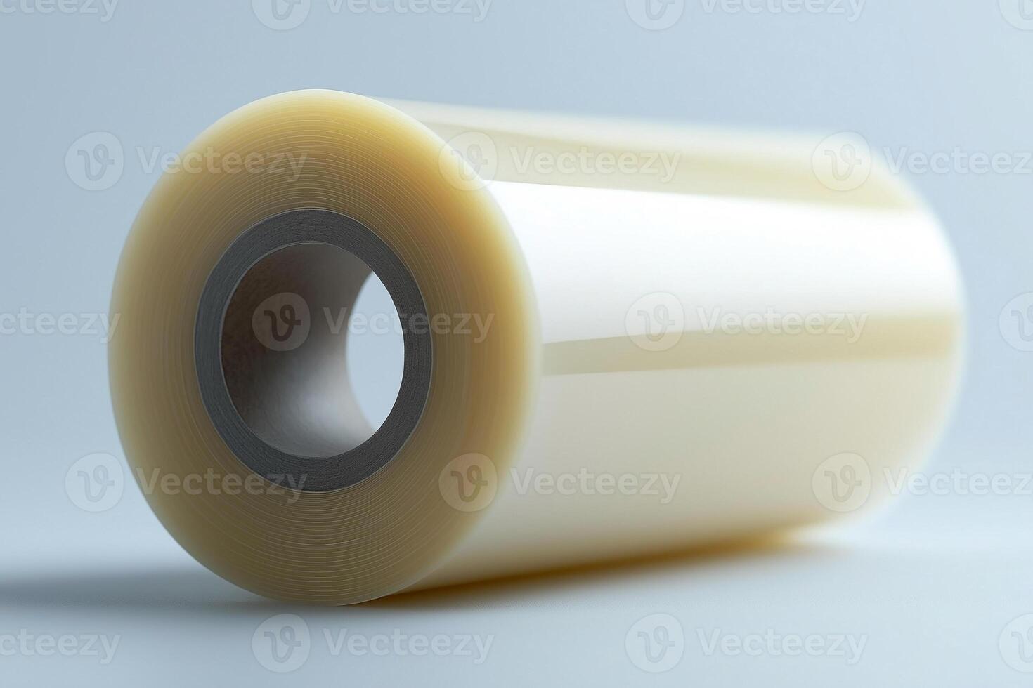 Close-up of a roll of transparent adhesive tape on a smooth surface, showcasing its glossy finish and sleek design. photo