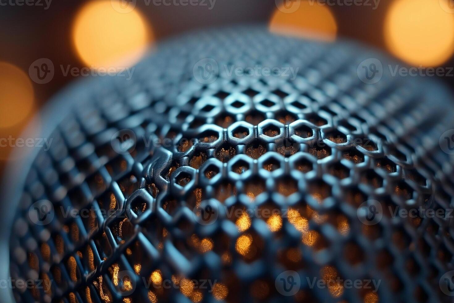 Close-up shot of a metallic microphone grille with soft, warm bokeh lights in the background, creating a dynamic and artistic ambiance. photo