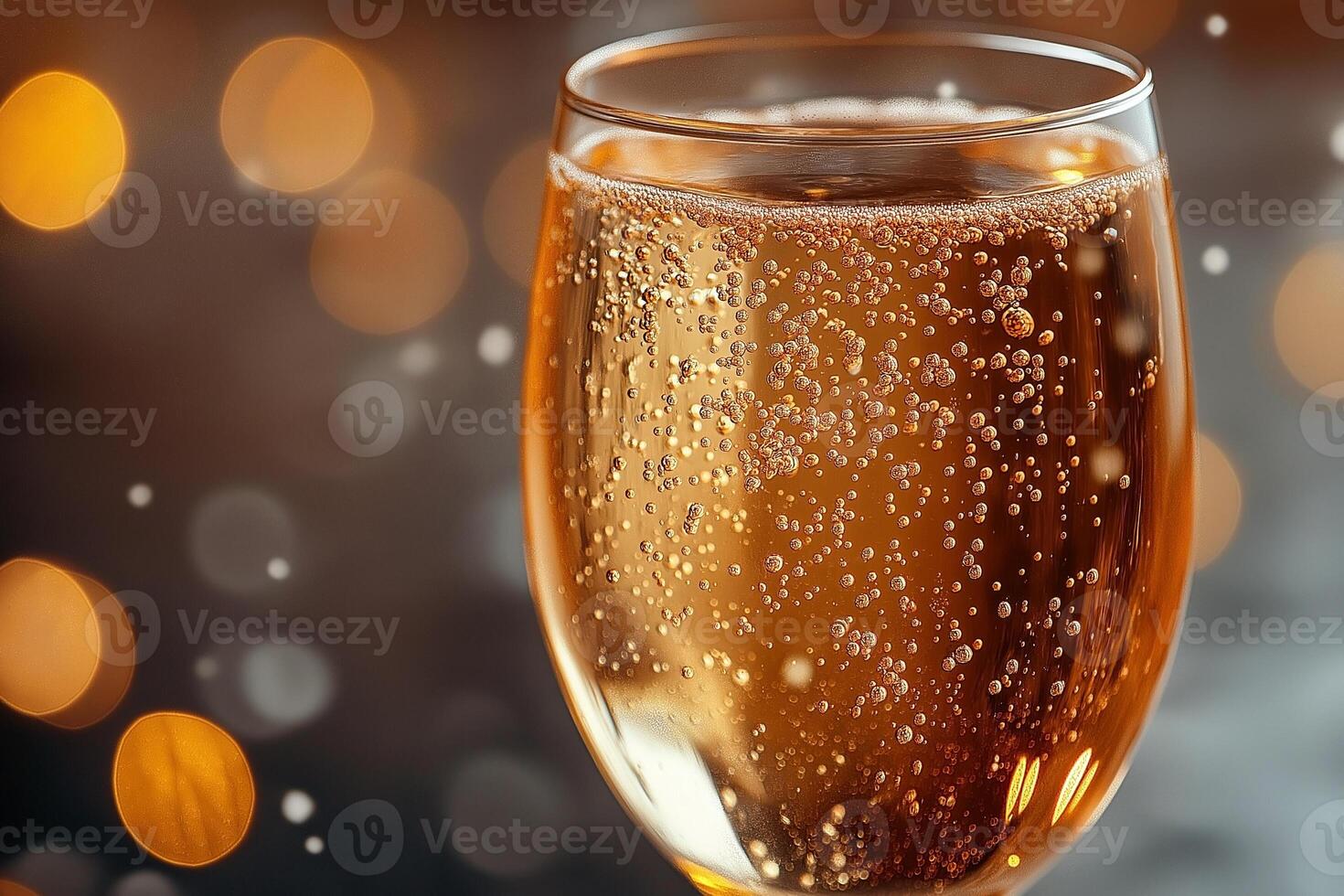 A sparkling glass of golden champagne filled with bubbles, set against a warm, blurred background of golden lights. photo