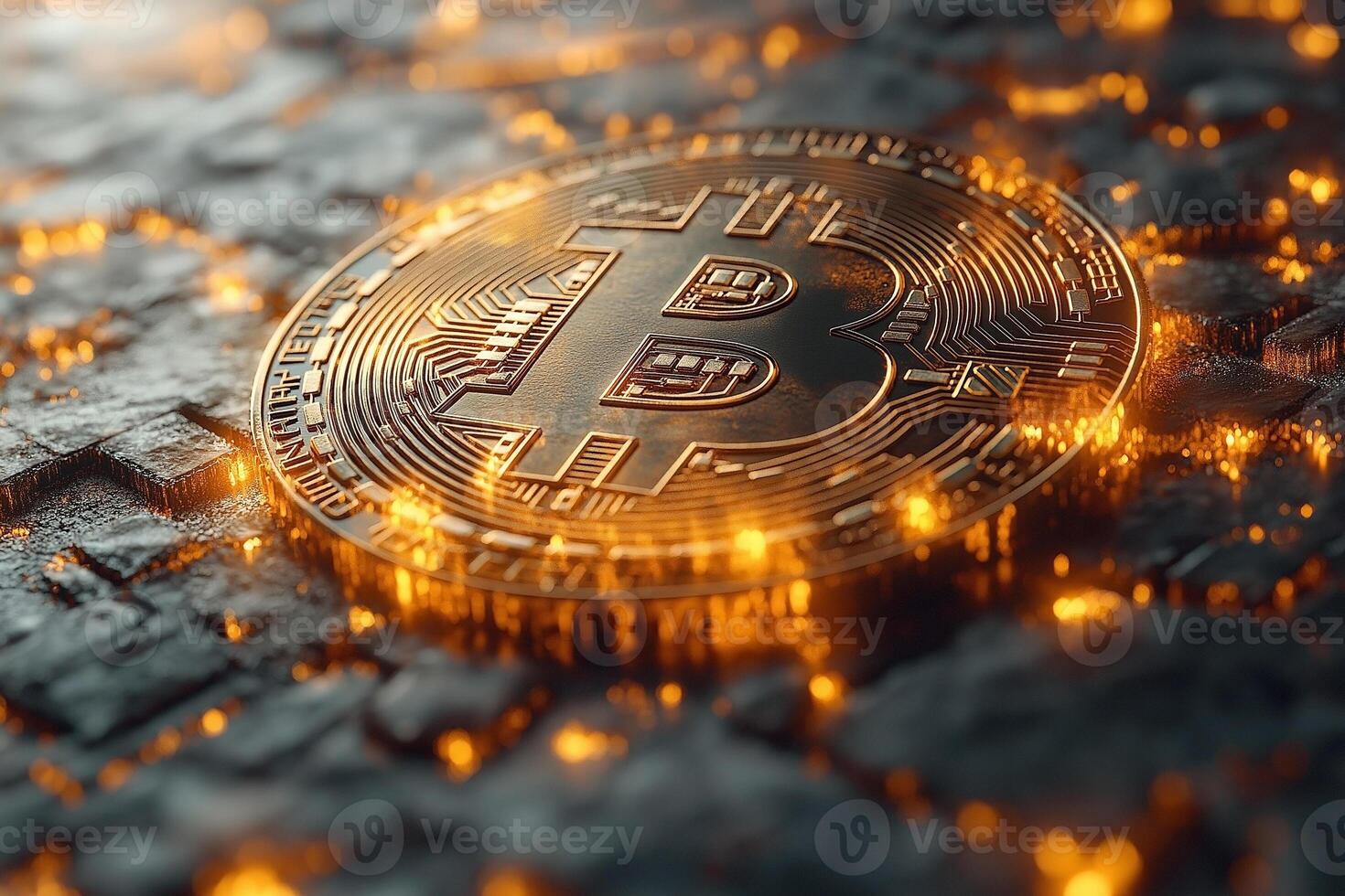 A close-up of a Bitcoin on a textured surface illuminated by warm, glowing lights, symbolizing digital currency and modern finance. photo