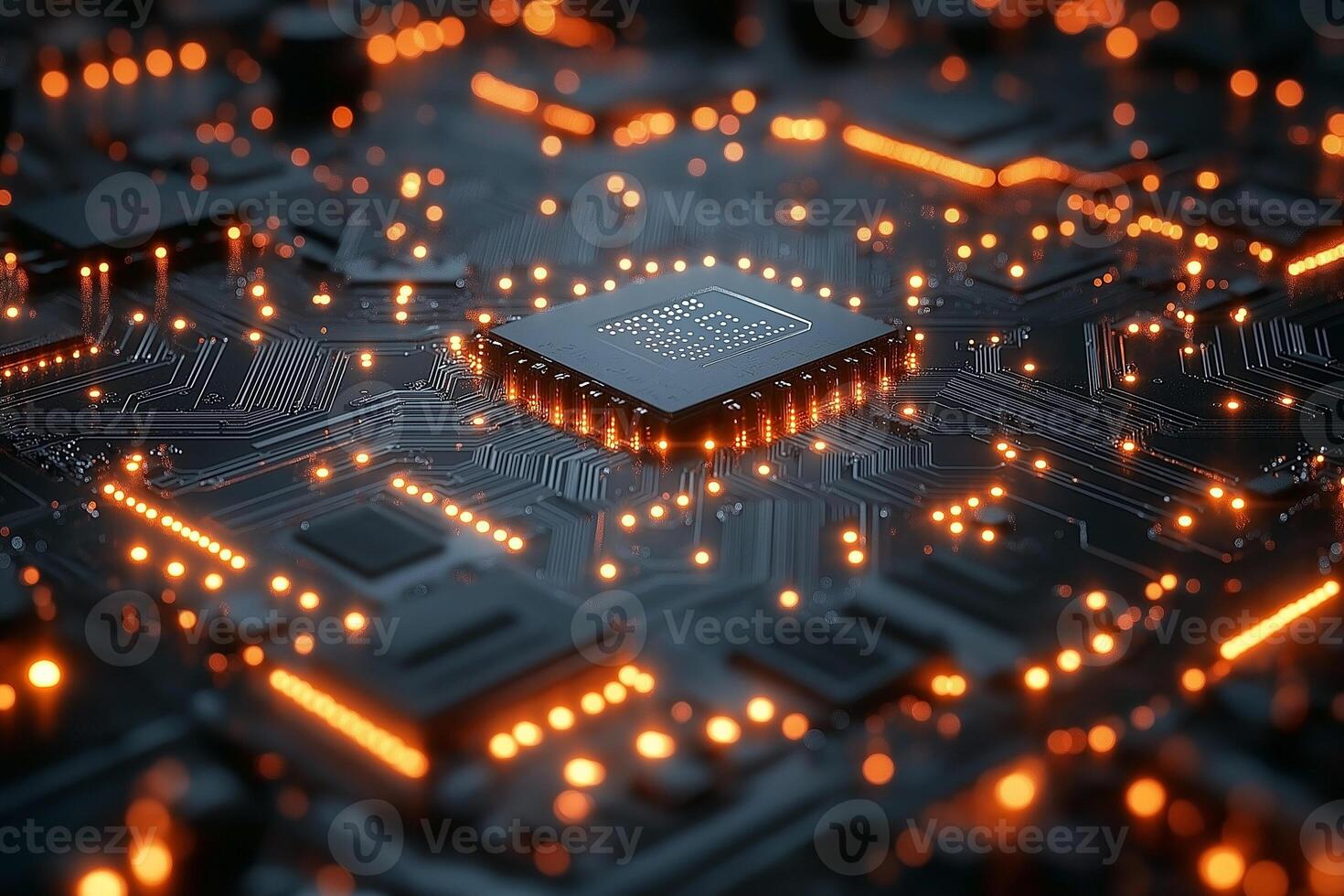 Close-up of a modern microchip surrounded by glowing circuitry, showcasing intricate details and a futuristic vibe. photo
