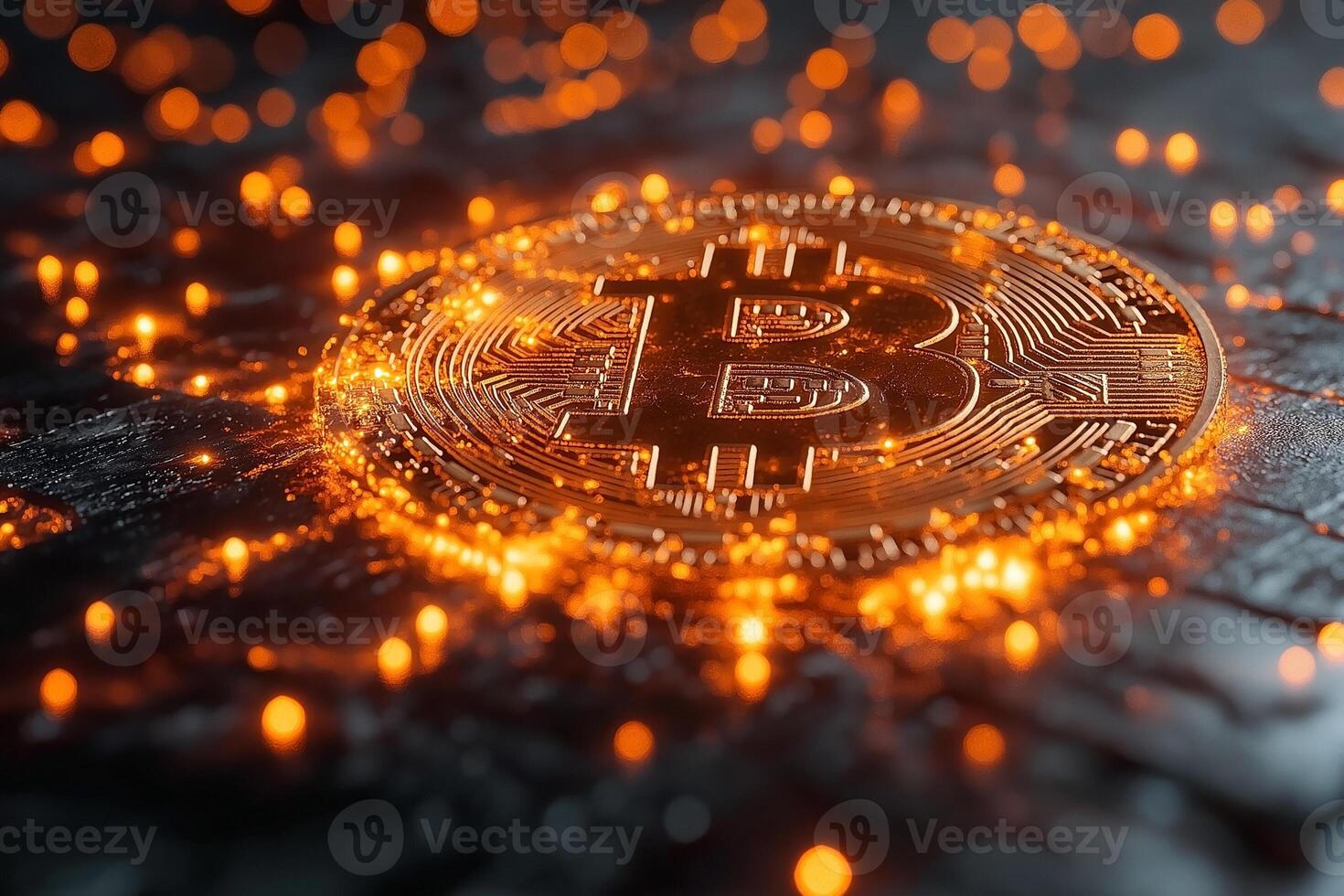 A close-up of a Bitcoin coin surrounded by sparkling golden lights, symbolizing digital currency and technology. photo