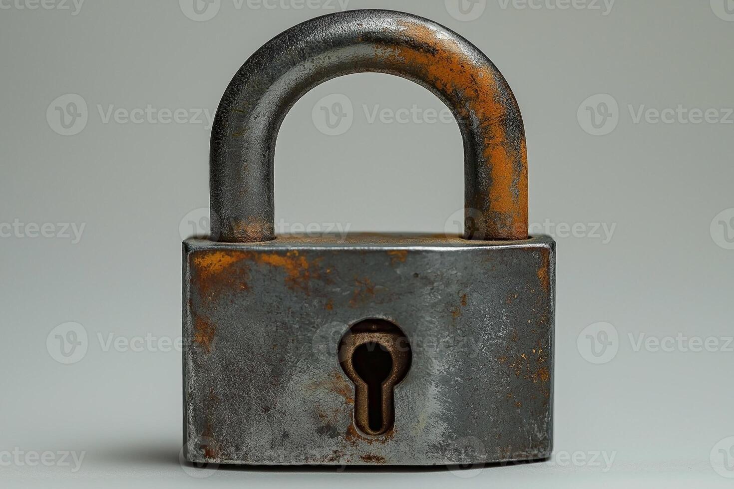 An aged and rusty metal padlock with a vintage design, symbolizing security and protection. photo