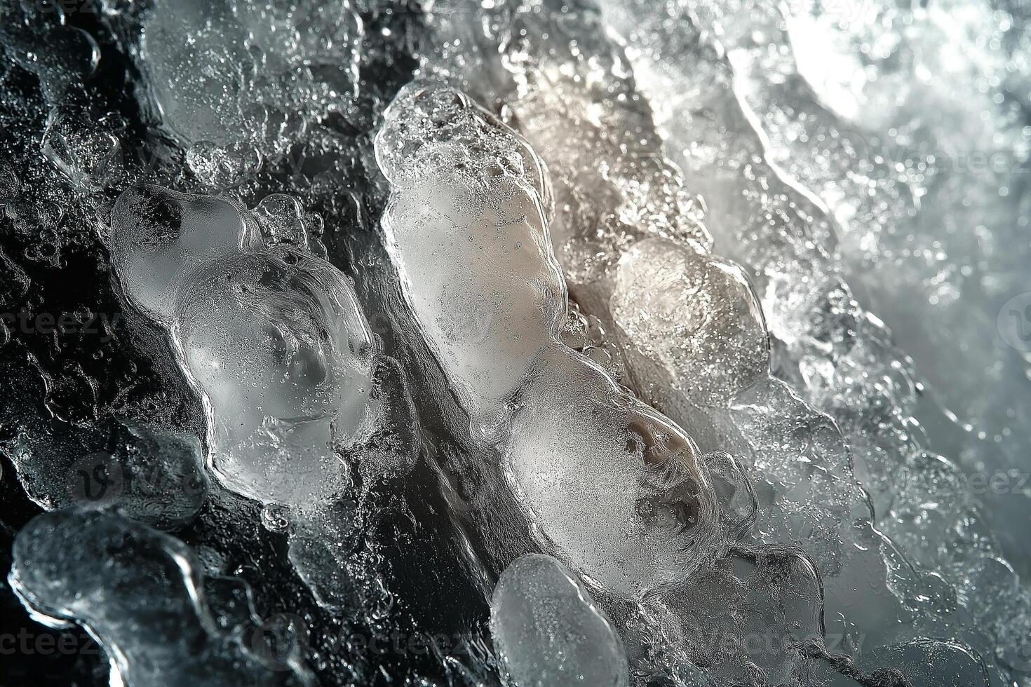 Close-up of glistening ice bubbles showcasing intricate textures and reflections. photo