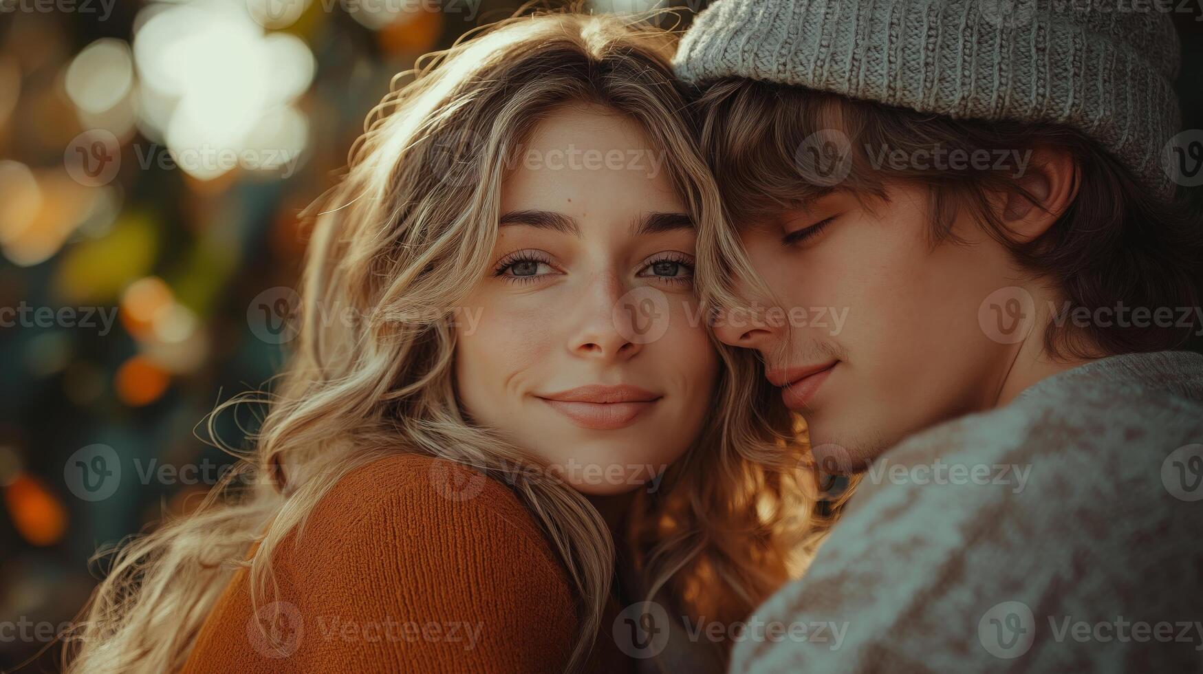 A young couple in love, with a warm embrace and natural smiles, capturing the essence of connection amidst a soft, golden backdrop. photo