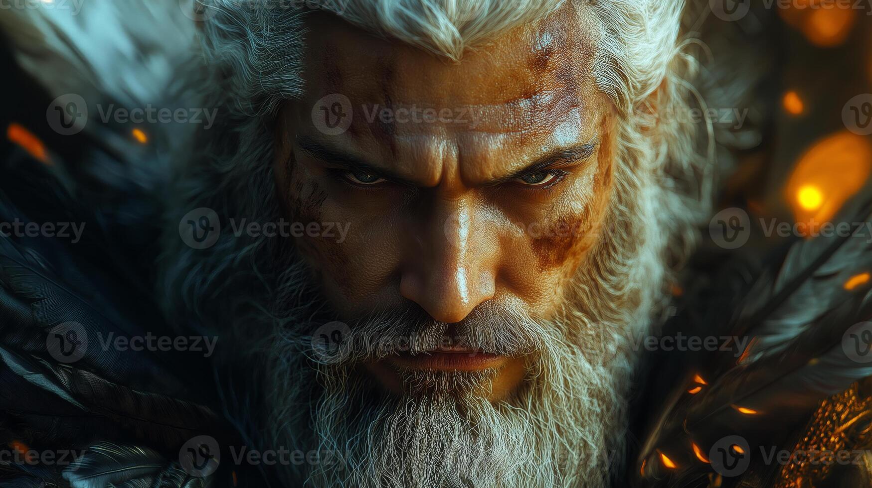 Intense male figure with long white hair and a fierce gaze, surrounded by dark feathers, evoking a powerful and mystical aura. photo
