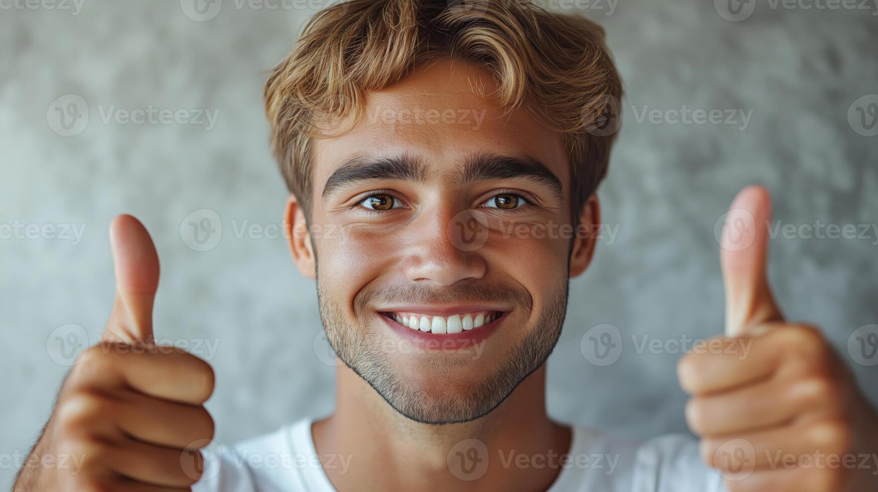 Cheerful young Caucasian man giving thumbs up with a bright smile, showcasing positivity and confidence against a textured background. photo