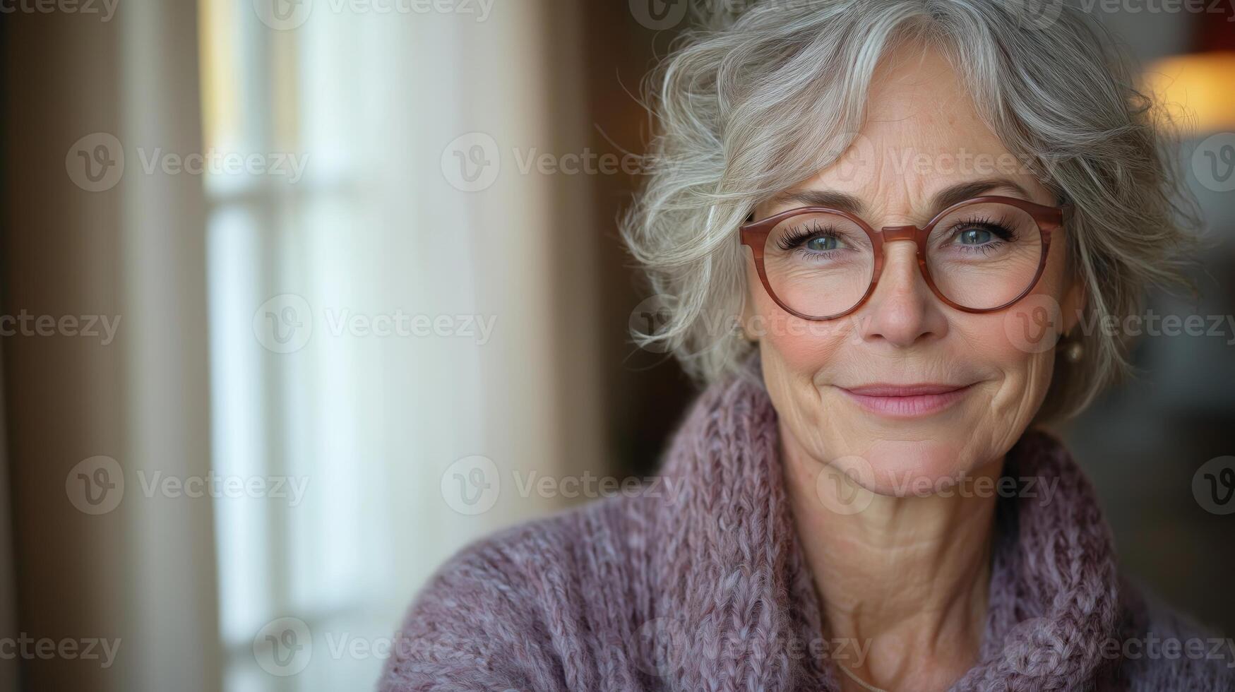 A smiling Caucasian older woman with short gray hair, wearing stylish eyeglasses and a cozy sweater, radiating warmth and confidence. photo