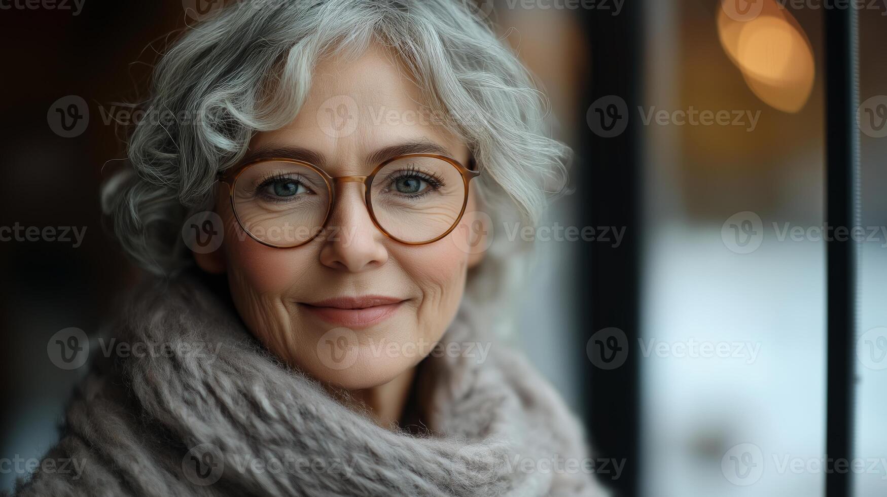A smiling older woman with silver curly hair and glasses, wearing a cozy scarf, exuding warmth and wisdom. photo