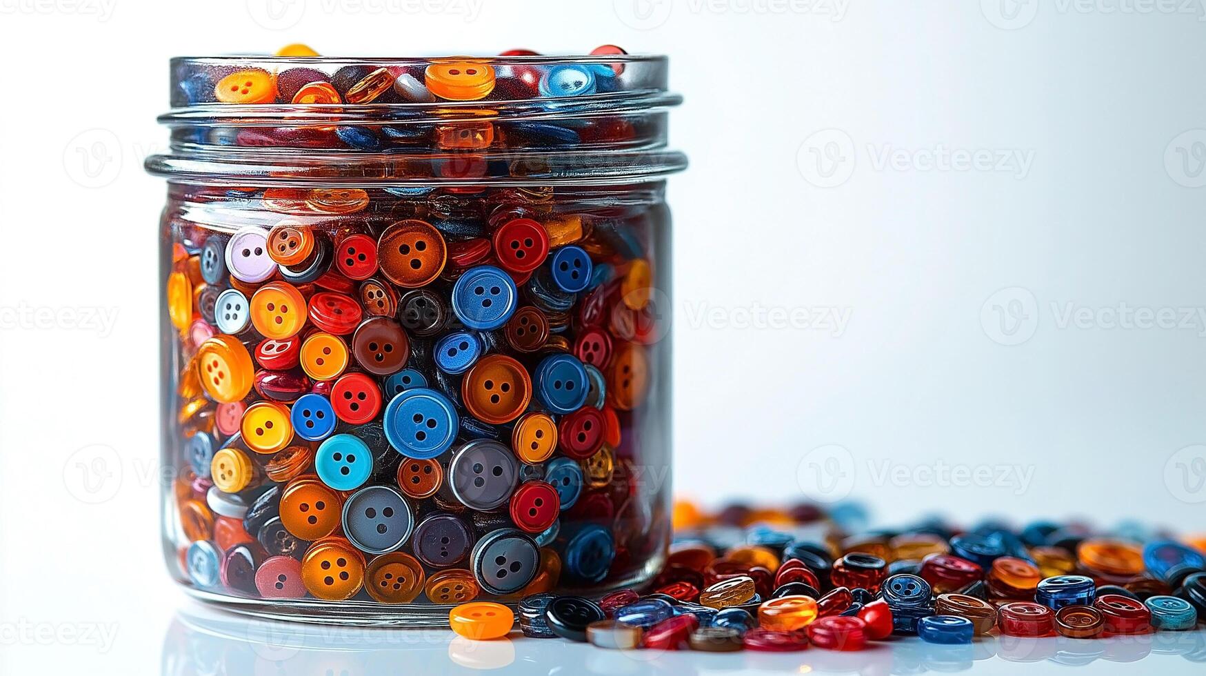 Colorful buttons in a glass jar, showcasing a vibrant assortment of hues and shapes, perfect for crafting enthusiasts. photo