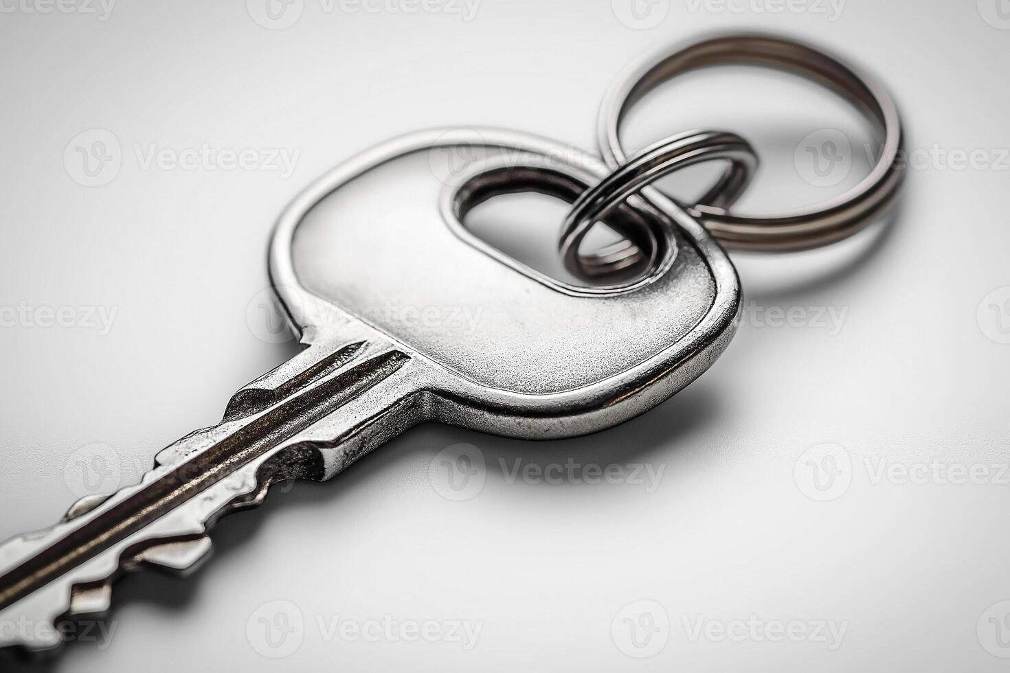 Close-up of a silver metal key attached to a keyring, reflecting light with a sleek finish. photo