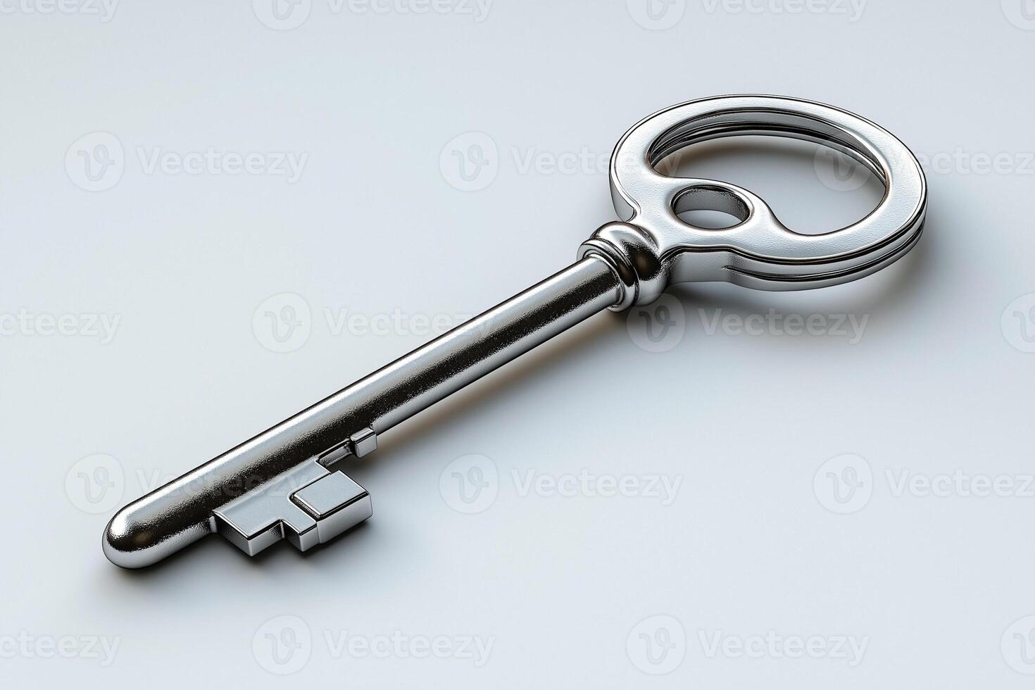 A close-up of a shiny metallic key, symbolizing security and access, against a smooth light background. photo