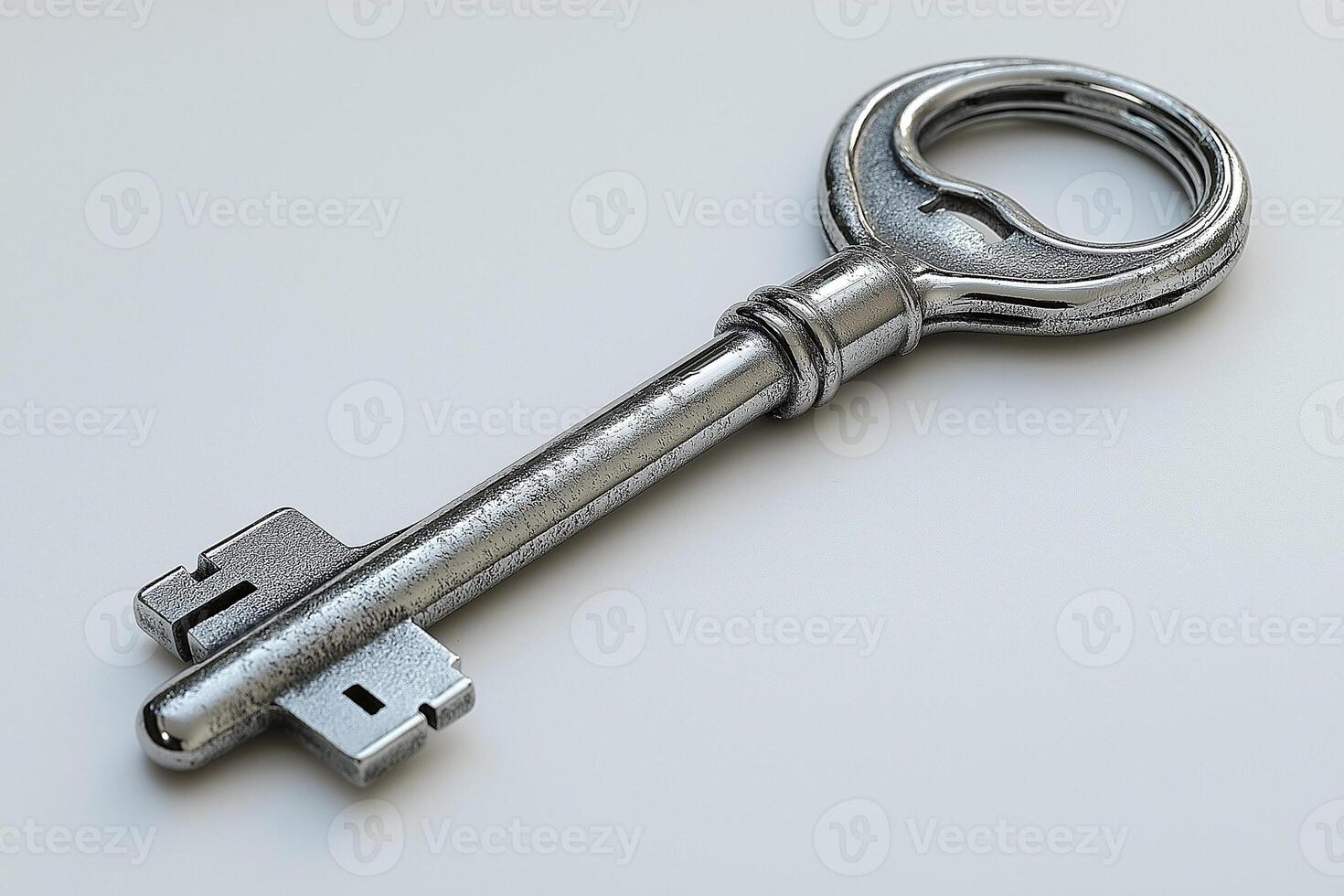 A close-up of a vintage silver key resting on a smooth surface, evoking a sense of mystery and history. photo