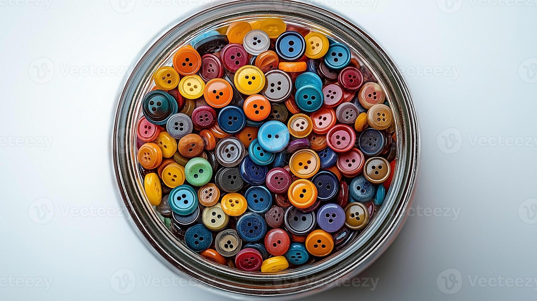 A vibrant assortment of colorful buttons filling a glass jar, perfect for sewing projects and crafts. photo