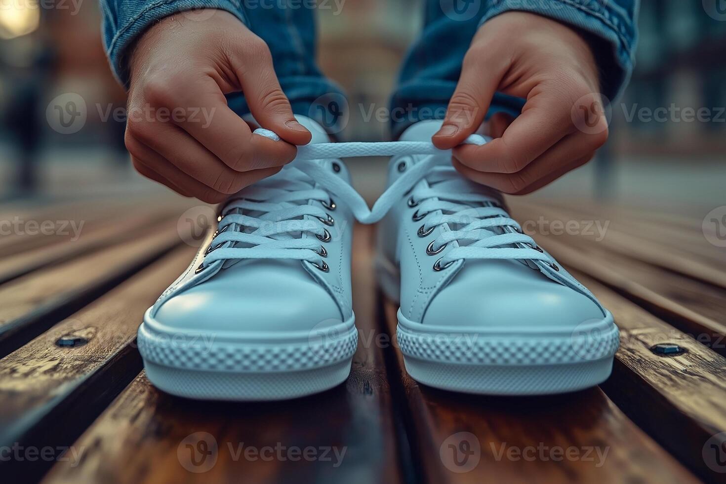 A person's hands tie the laces of white sneakers while sitting on a wooden bench. photo