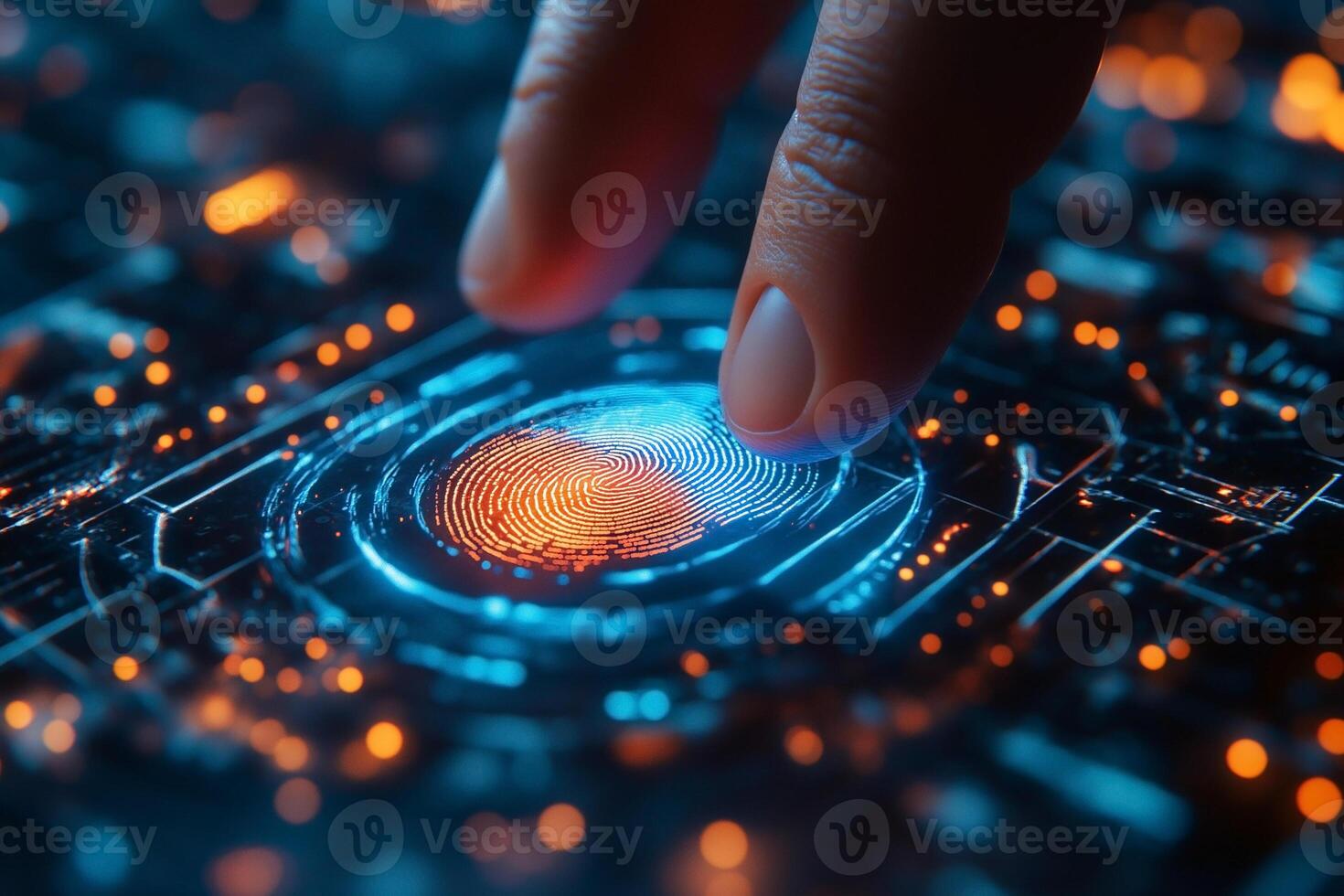 A close-up of a hand with a light skin tone interacting with a digital fingerprint sensor, illuminated with vibrant blue and orange lights. photo