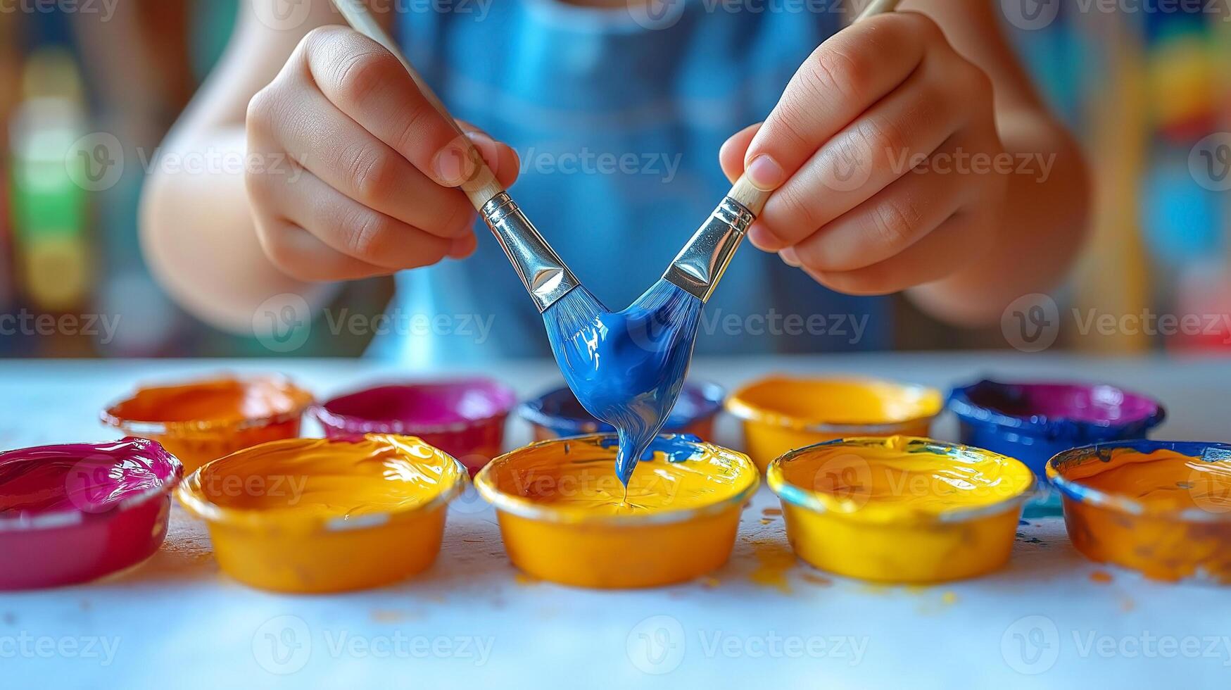 A child's hands mixing vibrant blue paint with colorful paints in small containers, fostering creativity and artistic expression. photo