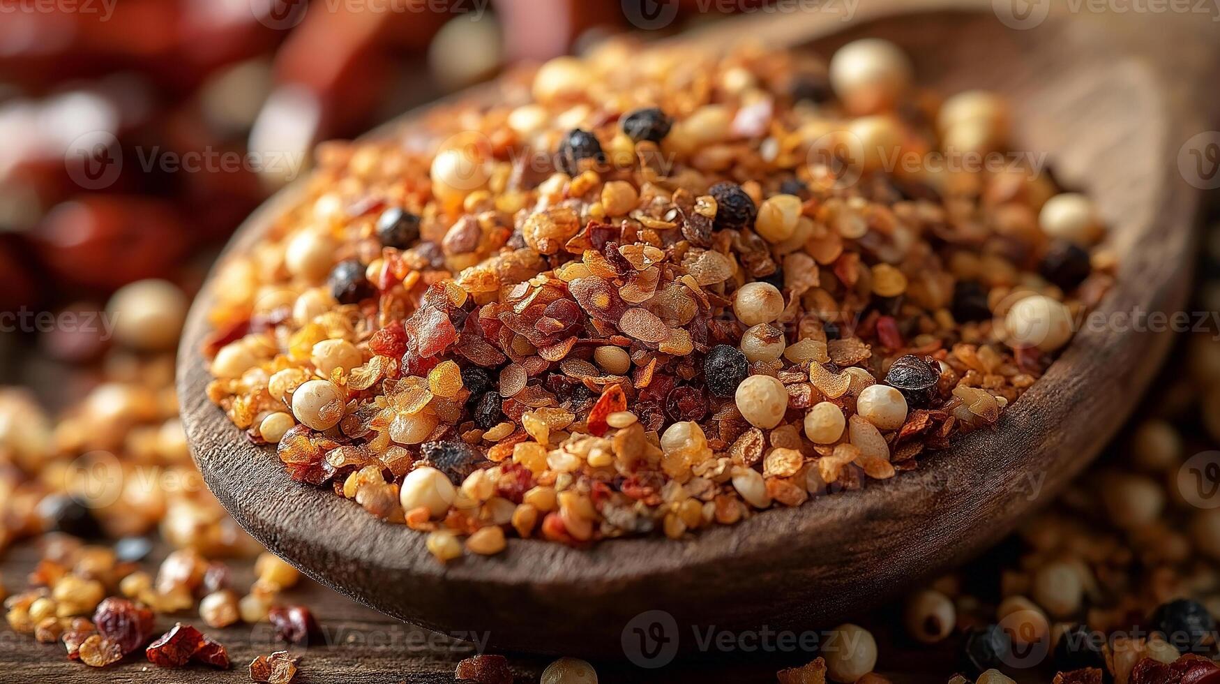 A close-up shot of colorful spice blend in a wooden spoon, showcasing various textures and hues perfect for culinary use. photo