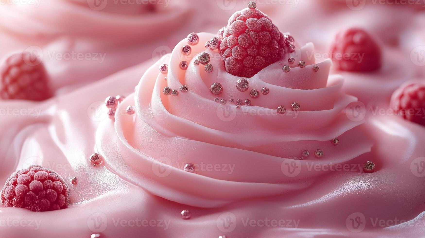 Delicious pink frosting topped with raspberries, creating an inviting dessert scene. photo