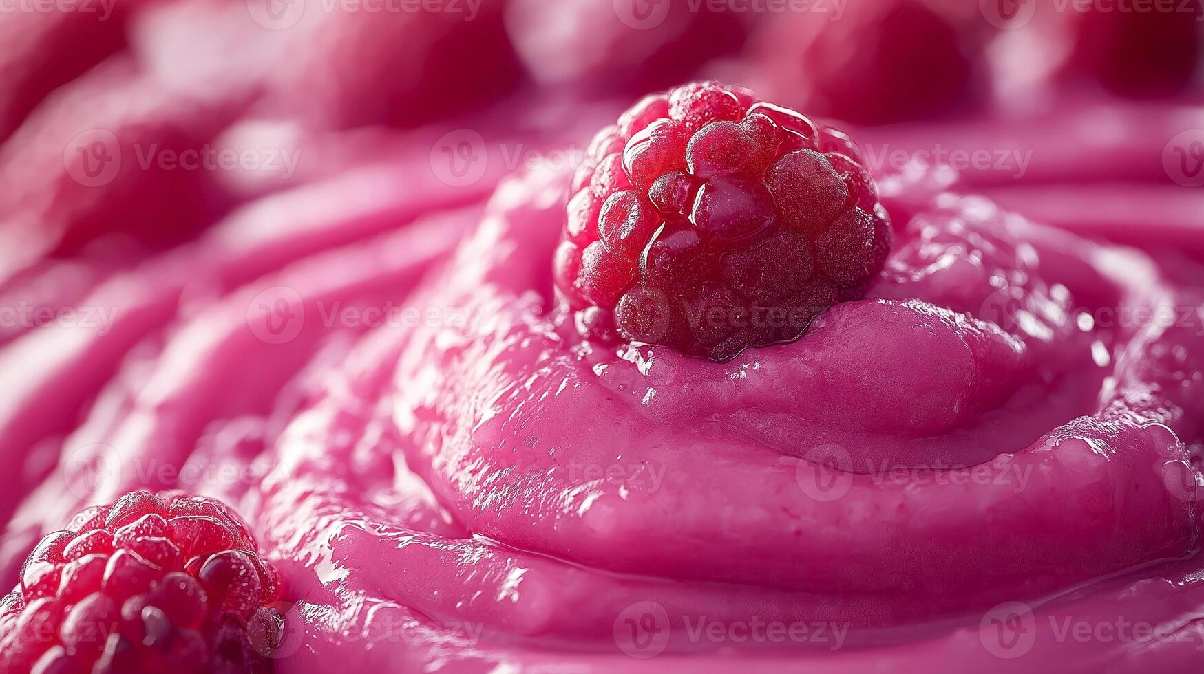 Close-up of creamy raspberry dessert topped with fresh raspberries, showcasing its vibrant pink color and rich texture. photo