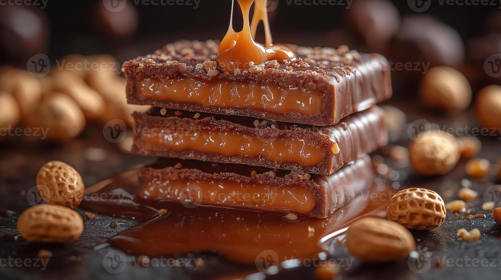 Close-up of delicious layers of chocolate bars filled with soft caramel and sprinkled with crushed nuts. photo