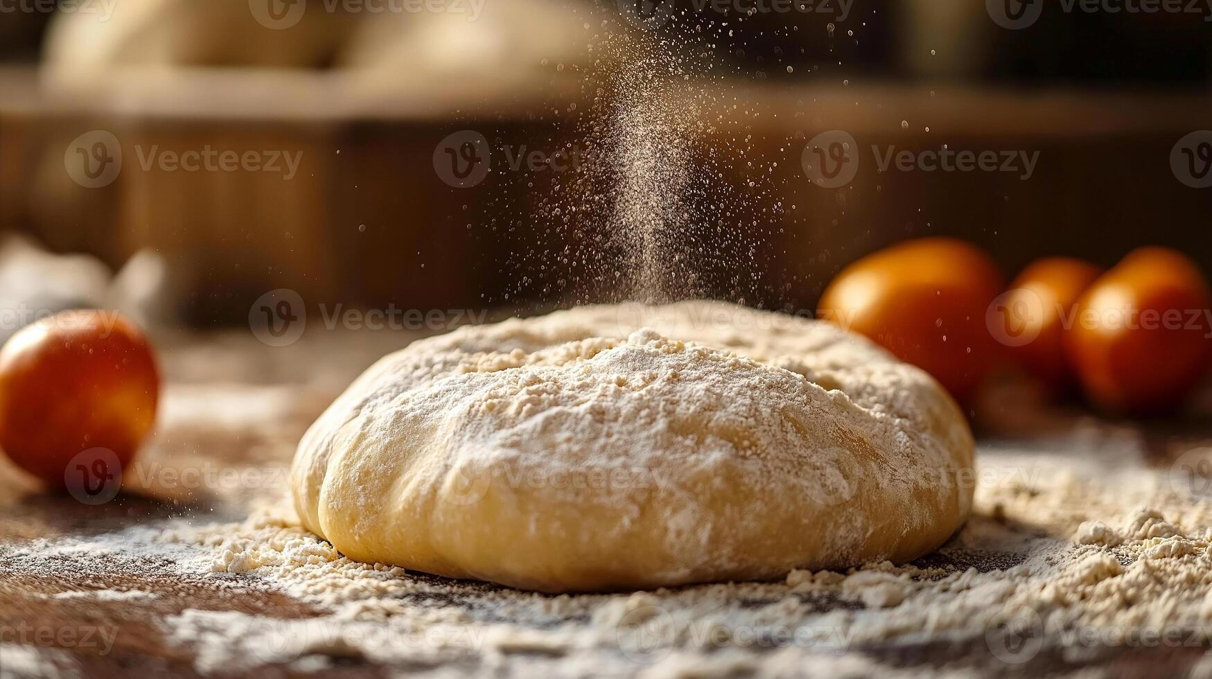 Fresh pizza dough sprinkled with flour, surrounded by vibrant tomatoes, inviting a sense of delicious anticipation. photo