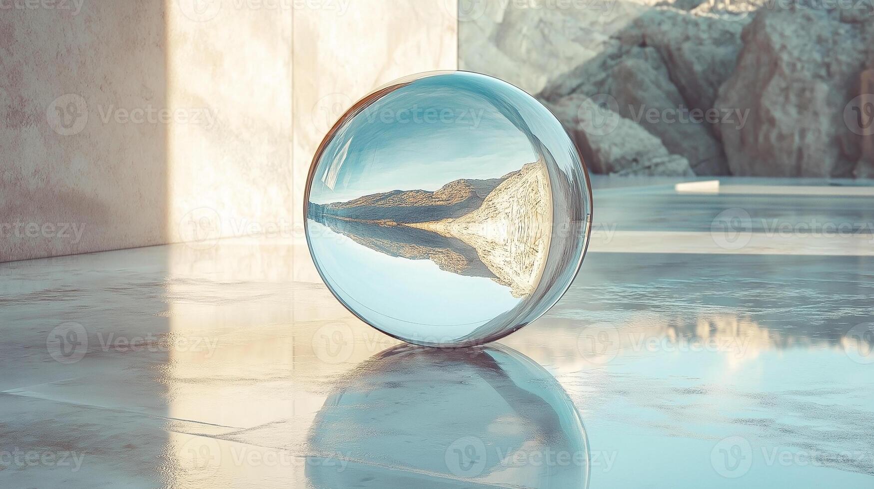 A polished silver sphere reflecting a serene landscape and warm sunlight, creating a mesmerizing visual experience. photo